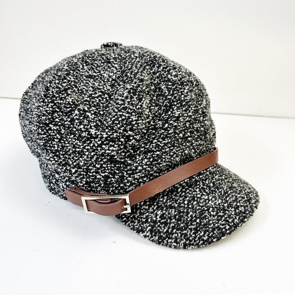 David & Young Cabbie Hat Womens OS Newsboy Boucle Tweed Knit B&W Stretch